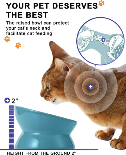 Elevated Ceramic Cat Food Bowl - Anti-Vomiting, Spine-Friendly Design in Lake Blue